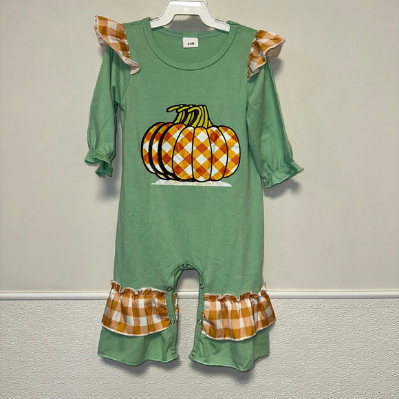 Unbranded Other - Baby Girl Green Orange Plaid Pumpkin Ruffle Bodysuit 6-9 M Fall Autumn Romper